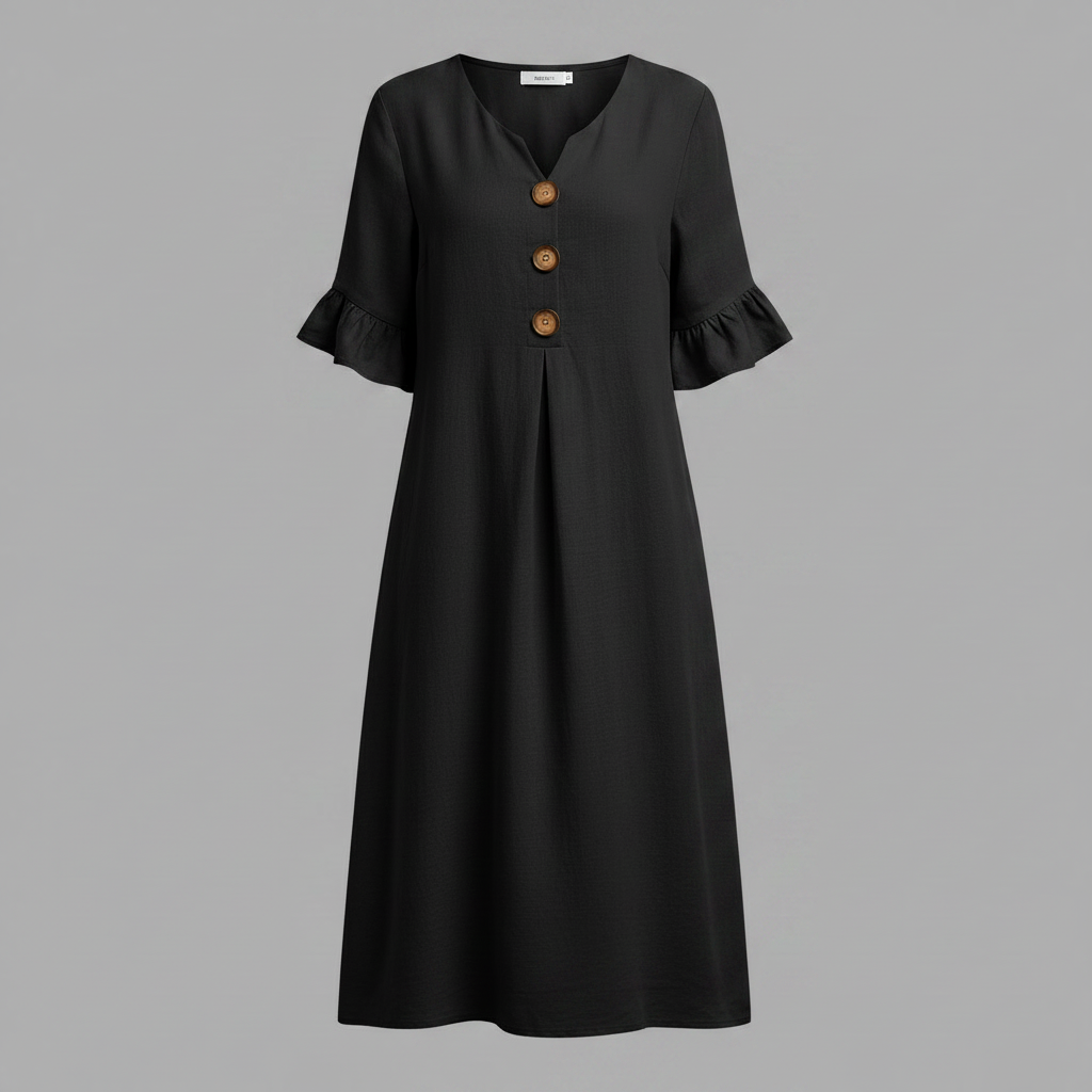 Amalia Midi Dress – V-Neck Button-Front Ruffle Sleeve – Black
