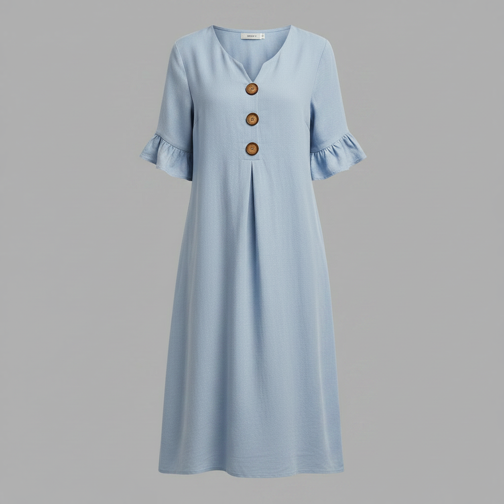 Amalia Midi Dress – V-Neck Button-Front Ruffle Sleeve – Blue