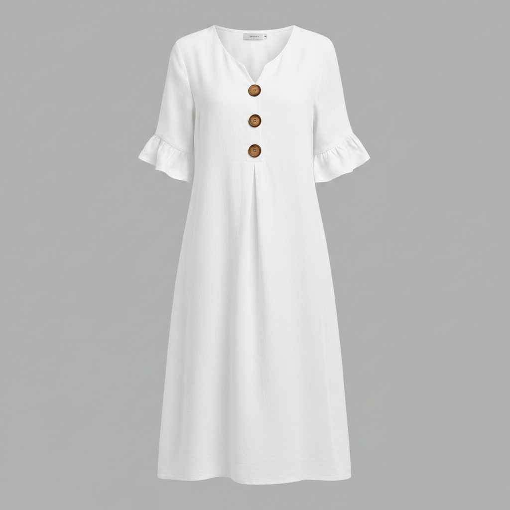 Amalia Midi Dress – V-Neck Button-Front Ruffle Sleeve – White