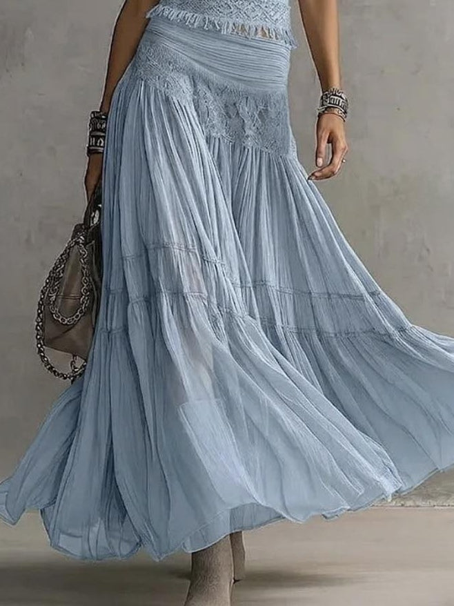 Amaryllis Panelled Top and Pleated Maxi Skirt Set - Blue