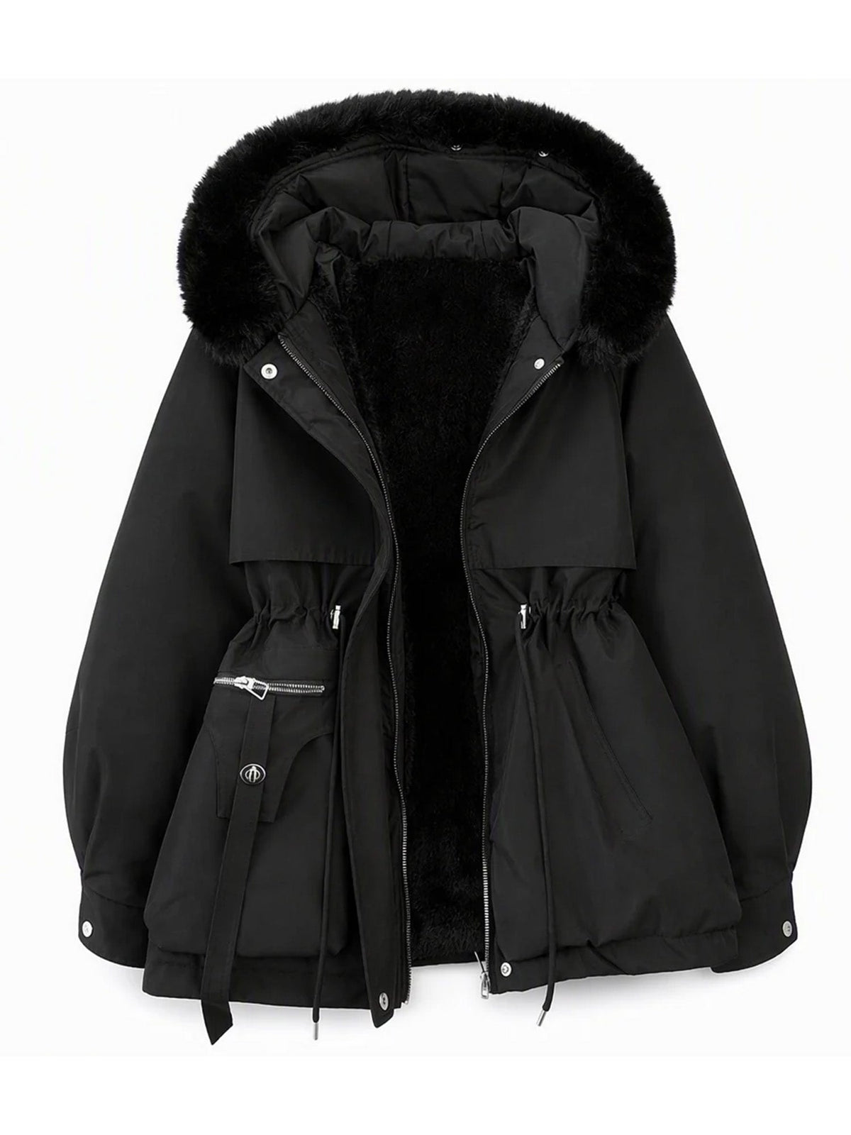 Annelie Plush-Trimmed Padded Parka – Mid-Length Cinched Waist Zip Snap Front