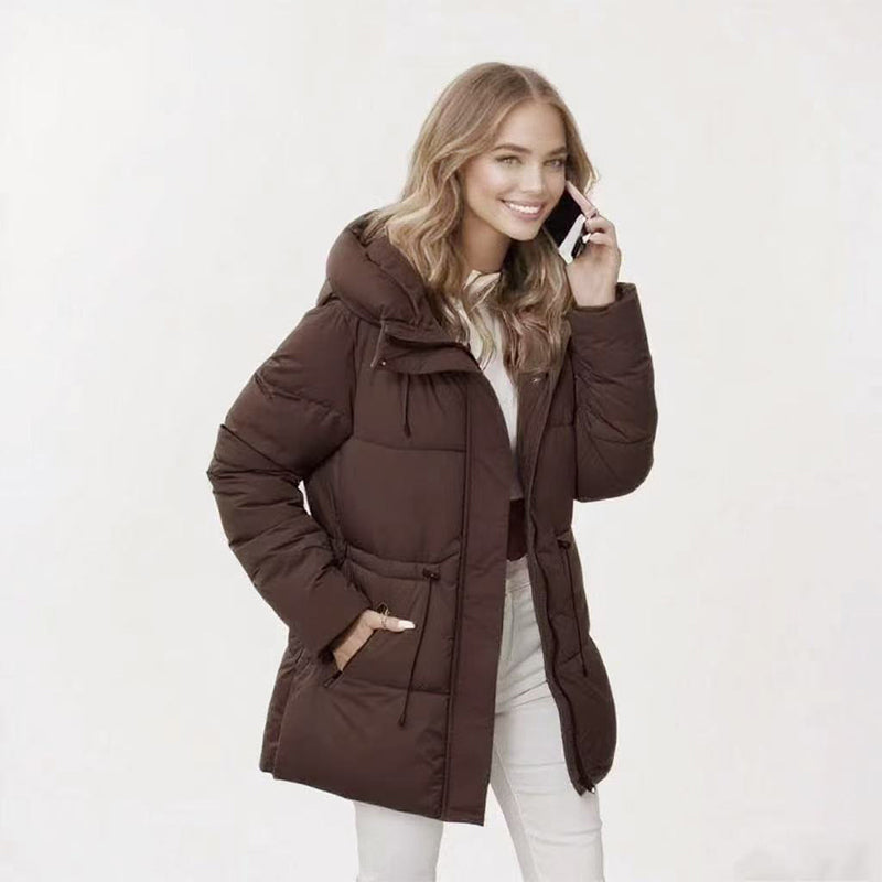 Annika Hooded Puffer Coat – Mid-Length Drawstring Waist Quilted - Coffee