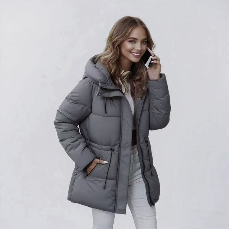 Annika Hooded Puffer Coat – Mid-Length Drawstring Waist Quilted - Khaki