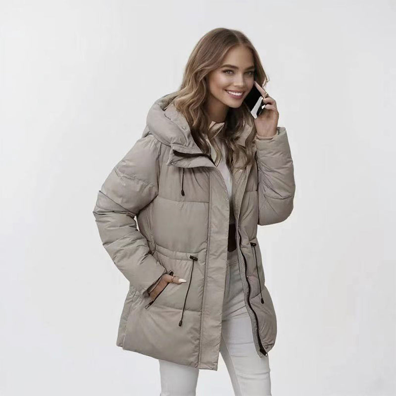 Annika Hooded Puffer Coat – Mid-Length Drawstring Waist Quilted - Khaki
