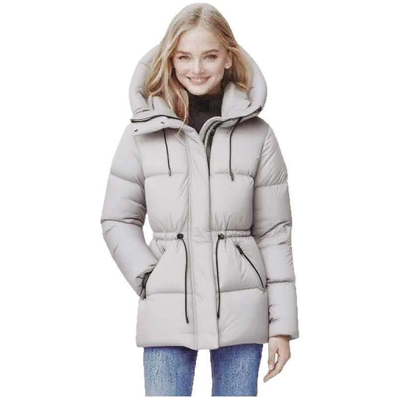 Annika Hooded Puffer Coat – Mid-Length Drawstring Waist Quilted - White