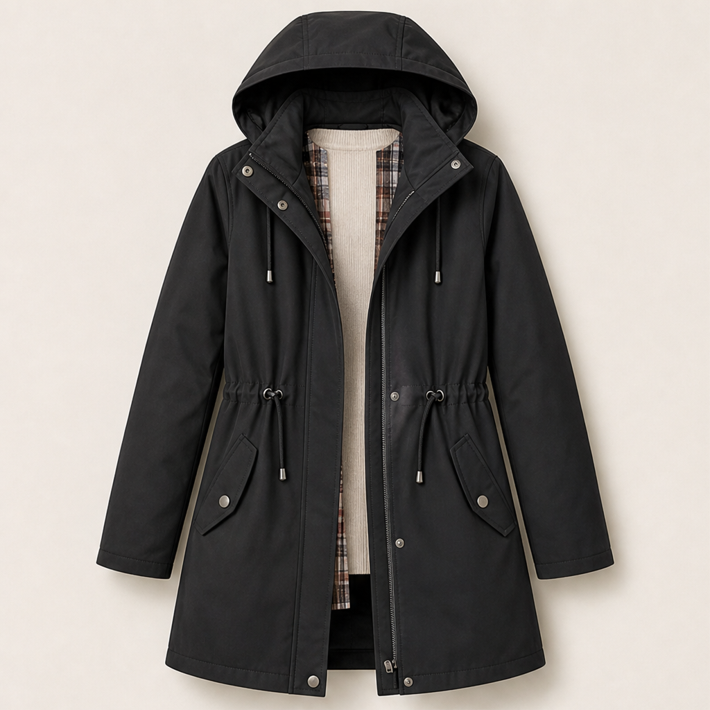 Ashbury 3-in-1 Parka – Detachable Hood Check Lined Drawstring Waist – Black