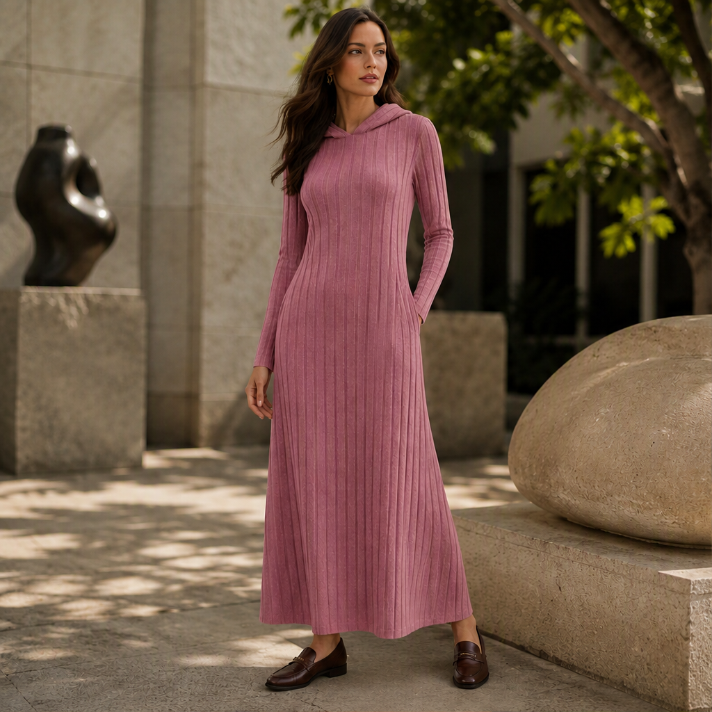 Aurelia Hooded Maxi Dress – Ribbed Knit Long Sleeve Side Pockets