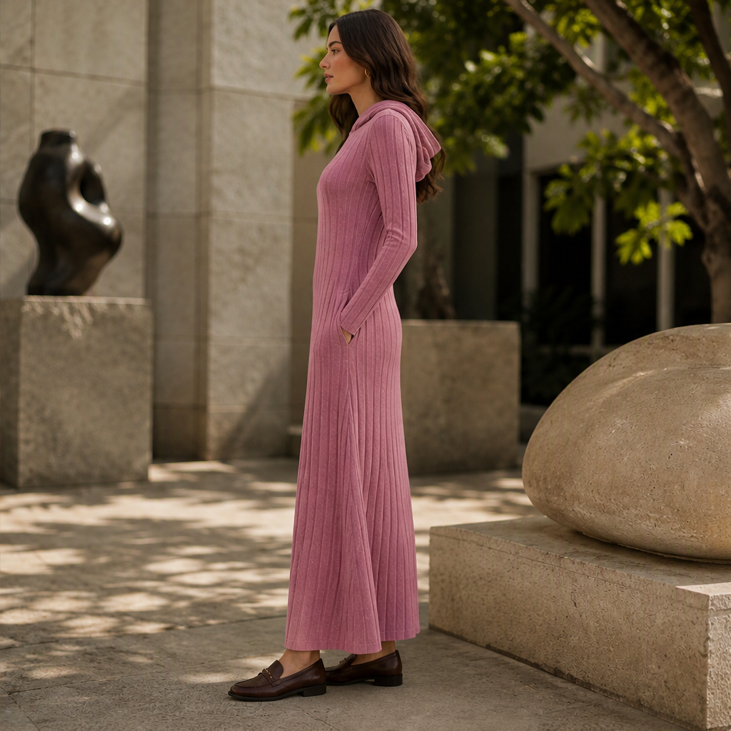 Aurelia Hooded Maxi Dress – Ribbed Knit Long Sleeve Side Pockets