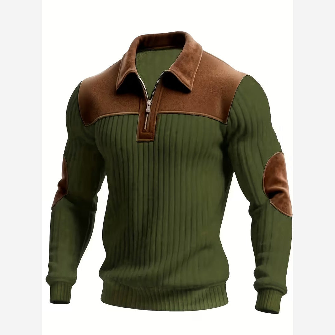 Barnaby Contrast Yoke Quarter-Zip Jumper – Men's Collared Elbow Patch Knit Sweater