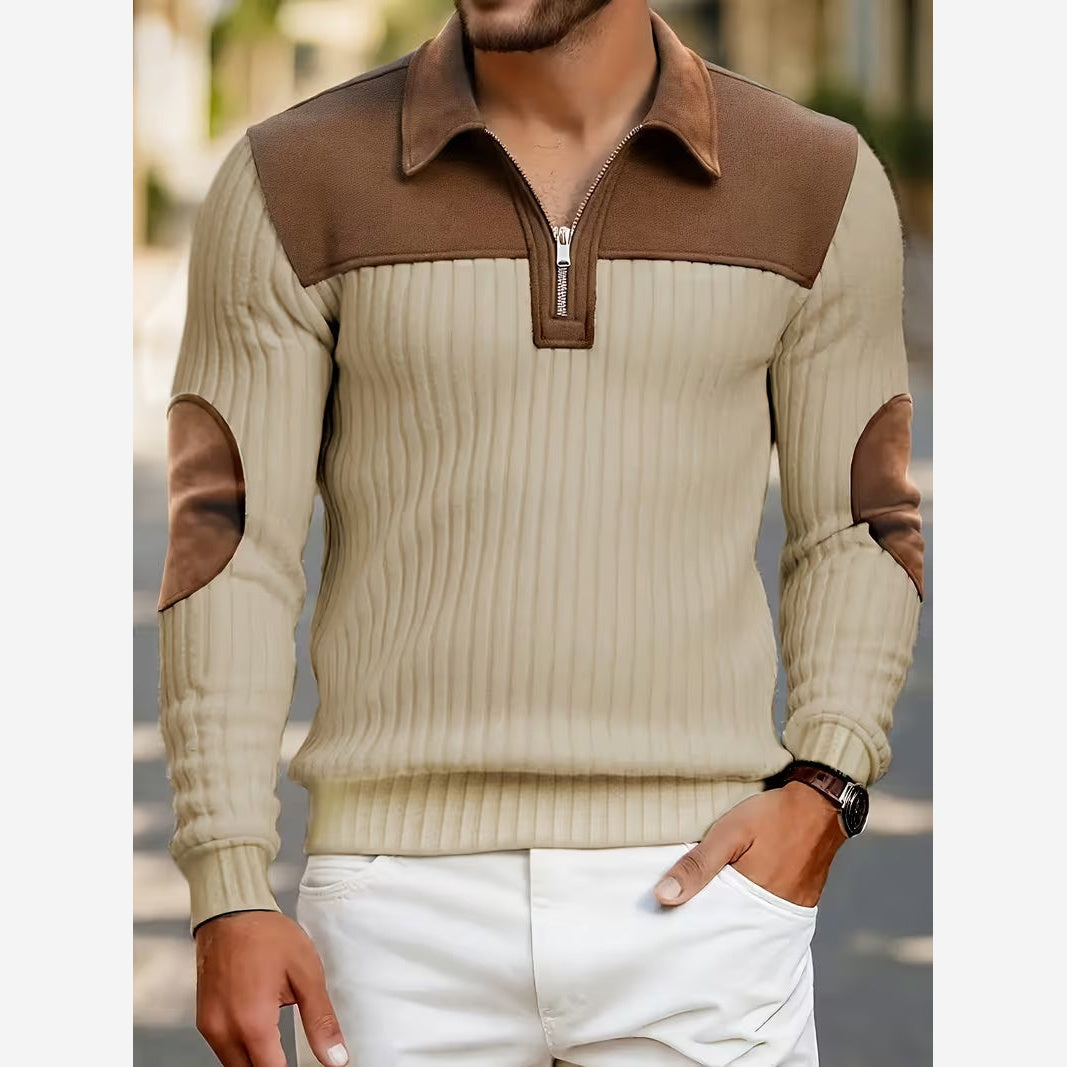 Barnaby Contrast Yoke Quarter-Zip Jumper – Men's Collared Elbow Patch Knit Sweater