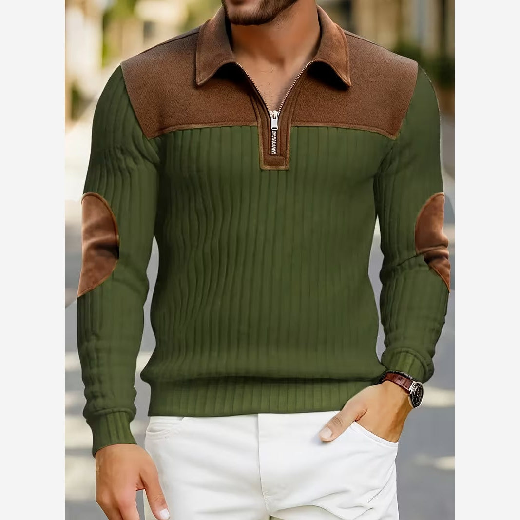 Barnaby Contrast Yoke Quarter-Zip Jumper – Men's Collared Elbow Patch Knit Sweater