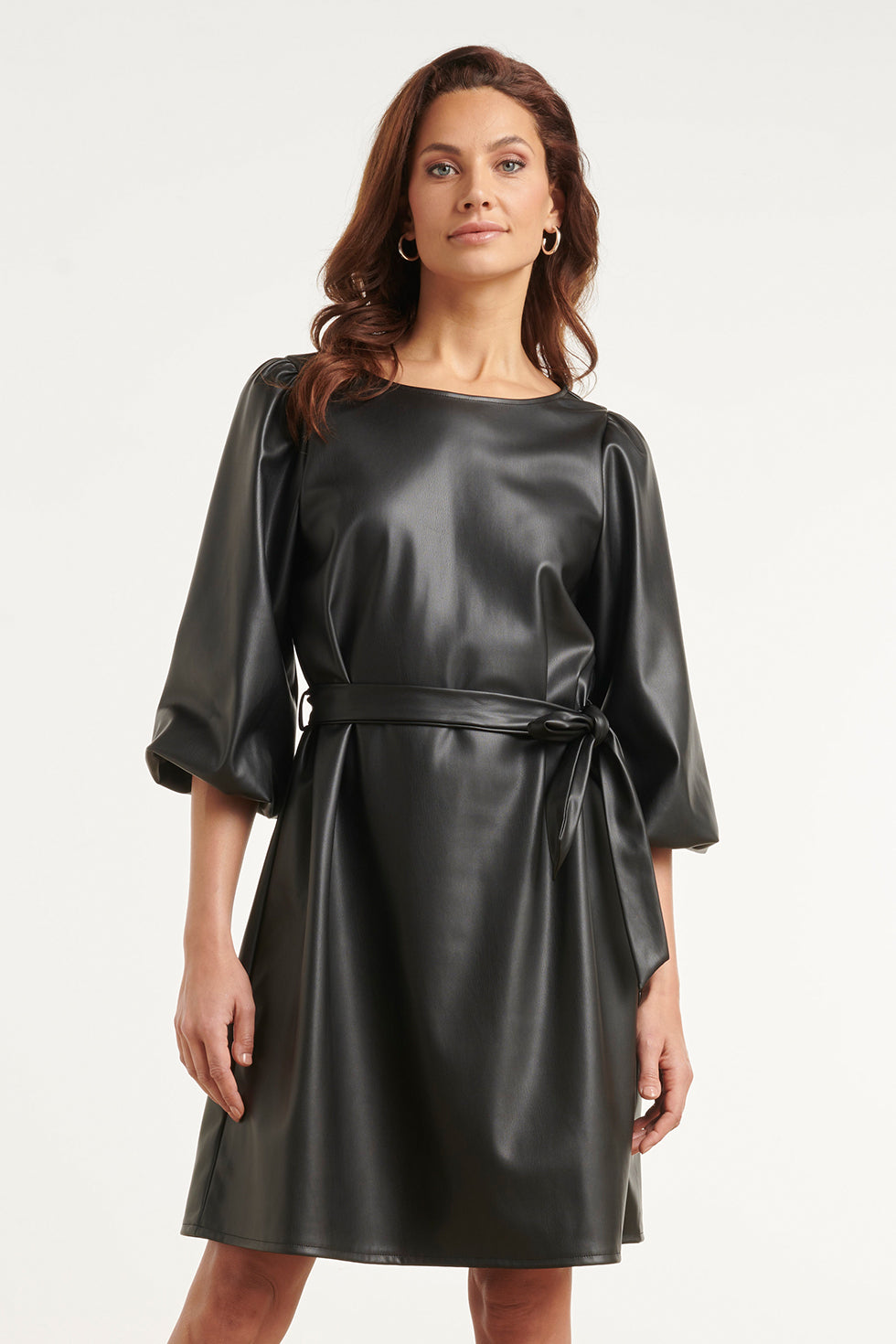 Brigitte Bow Belt Balloon Sleeve Dress - Black