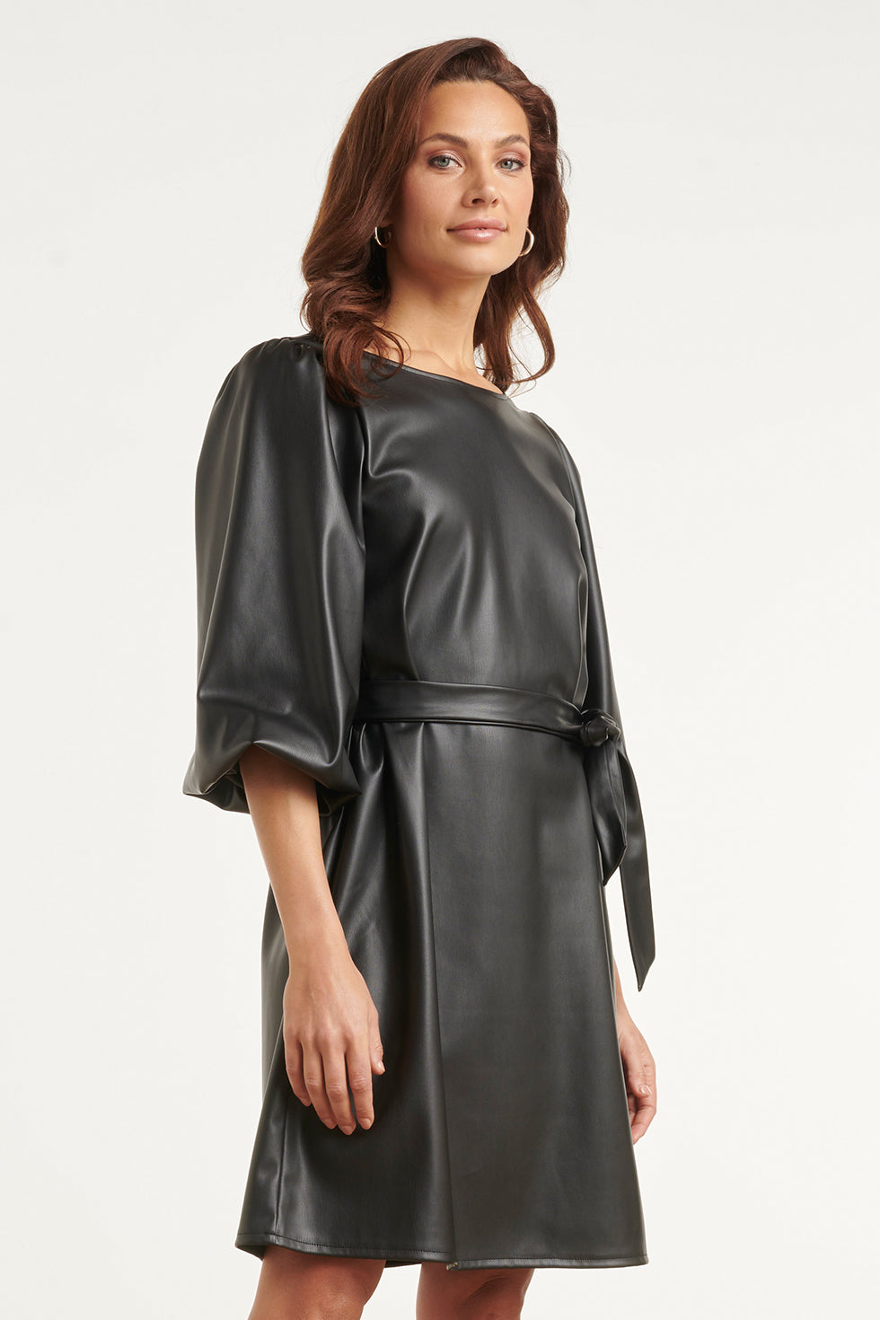 Brigitte Bow Belt Balloon Sleeve Dress - Black