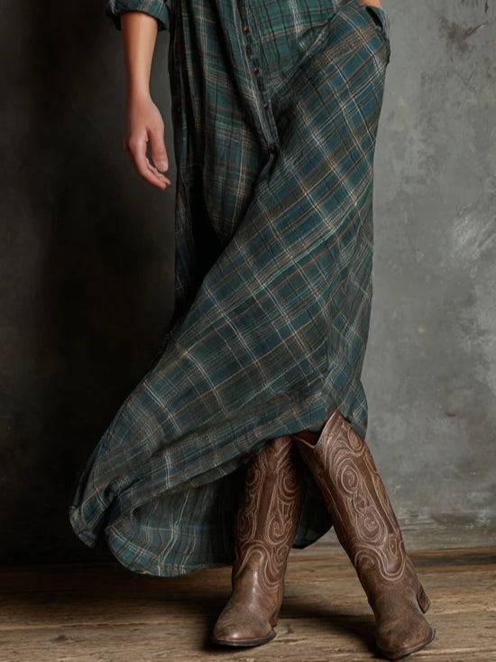 Briony Plaid Lapel Collar Shirt Maxi Dress - Green