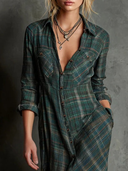 Briony Plaid Lapel Collar Shirt Maxi Dress - Green