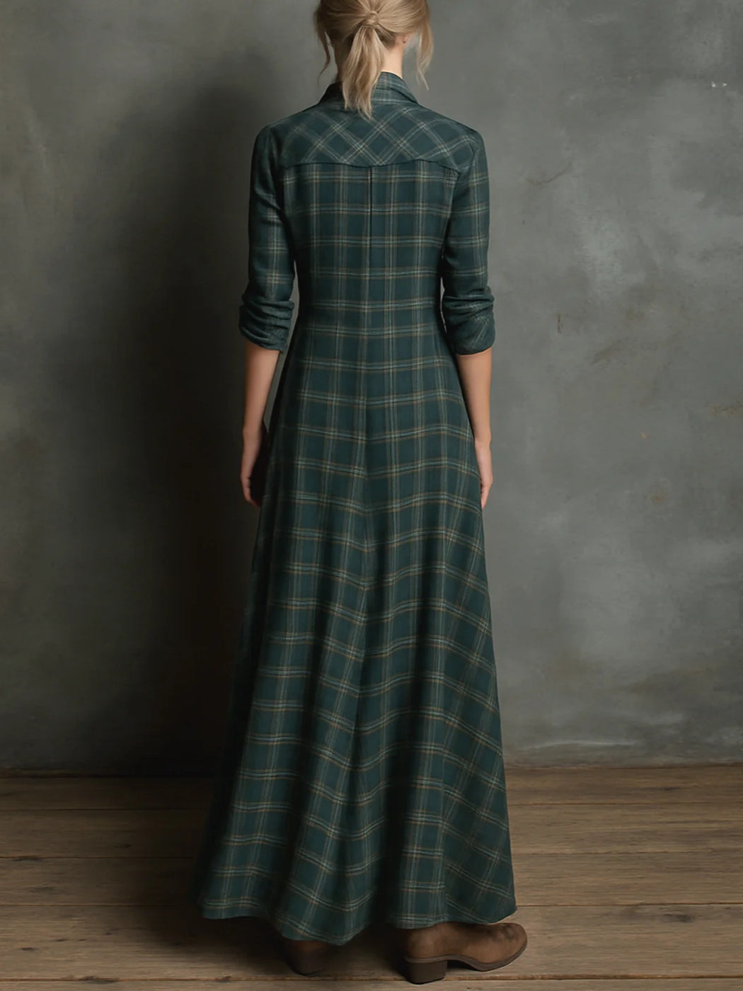 Briony Plaid Lapel Collar Shirt Maxi Dress - Green