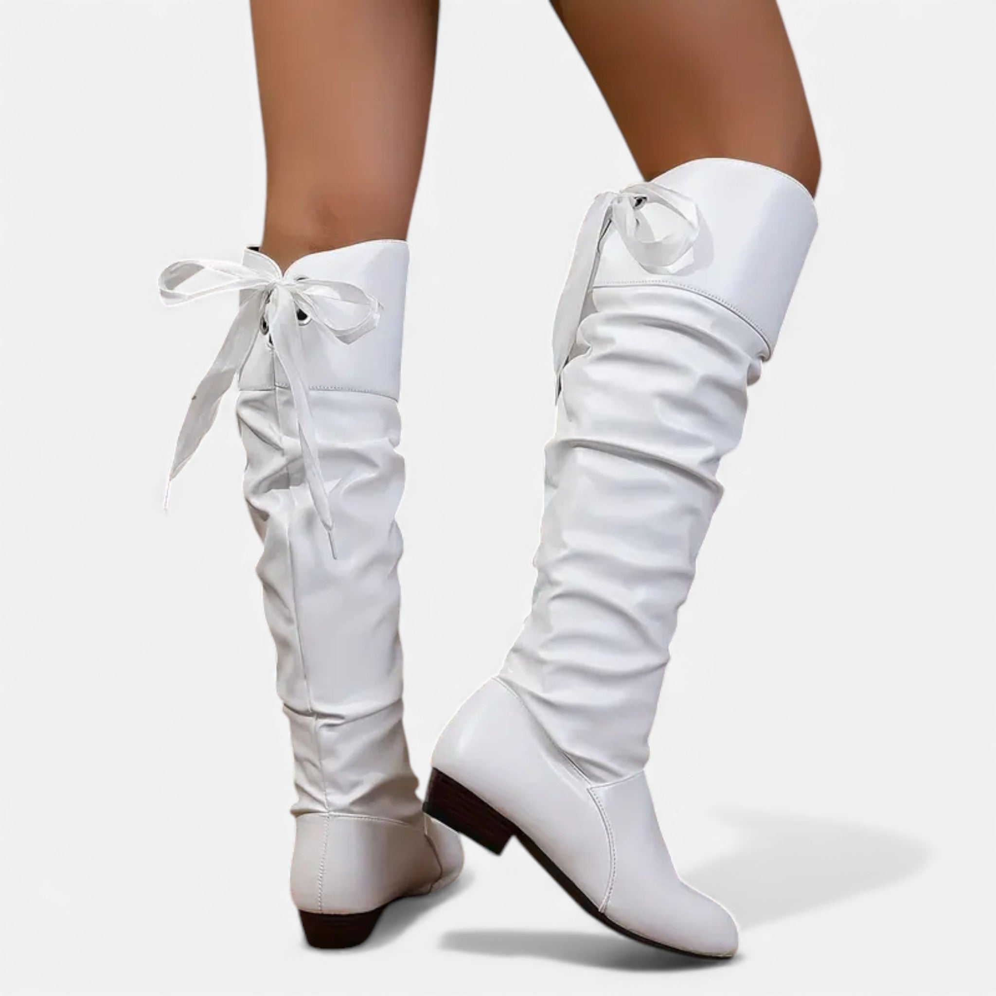 Dorvelli | Women’s Bow Knee-High Boots – Classic Low-Heel Elegance