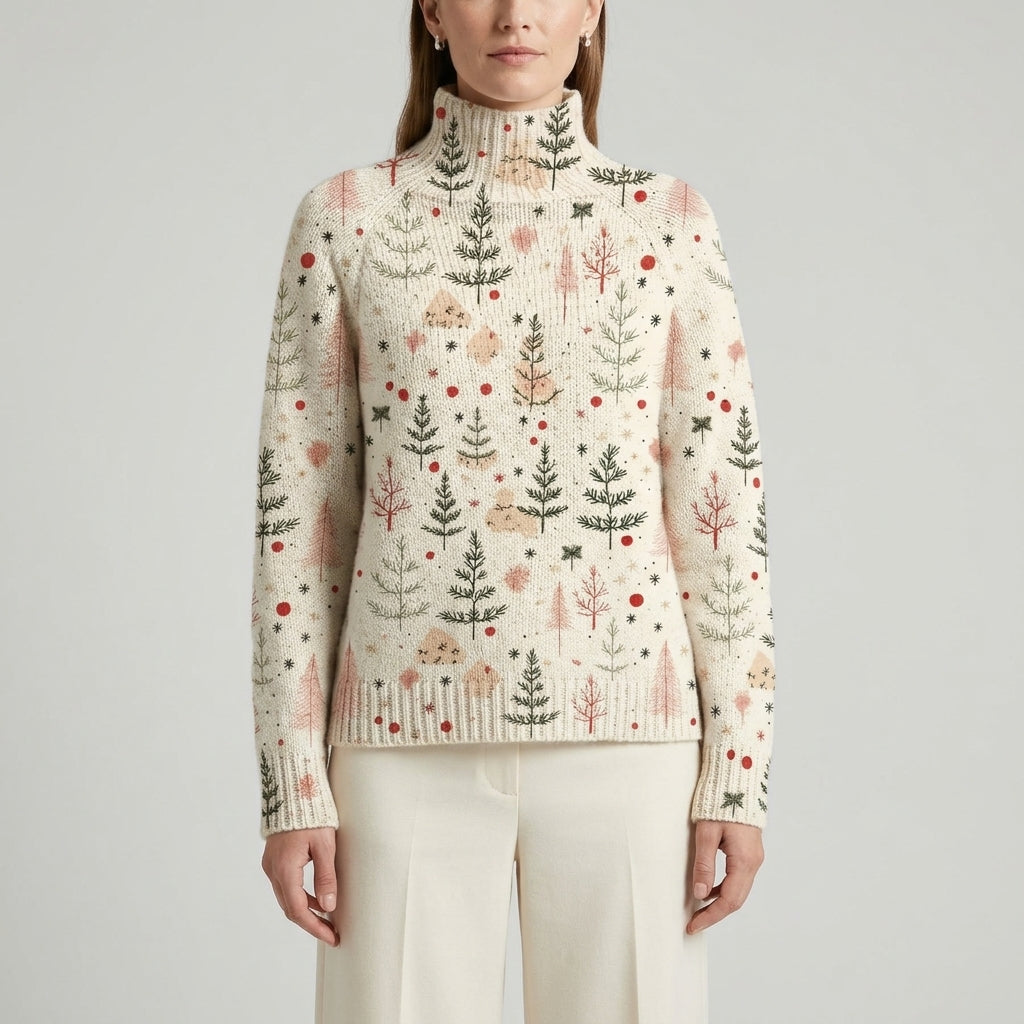 Calista Christmas Tree Print Turtleneck – Women's Festive Roll Neck Jumper