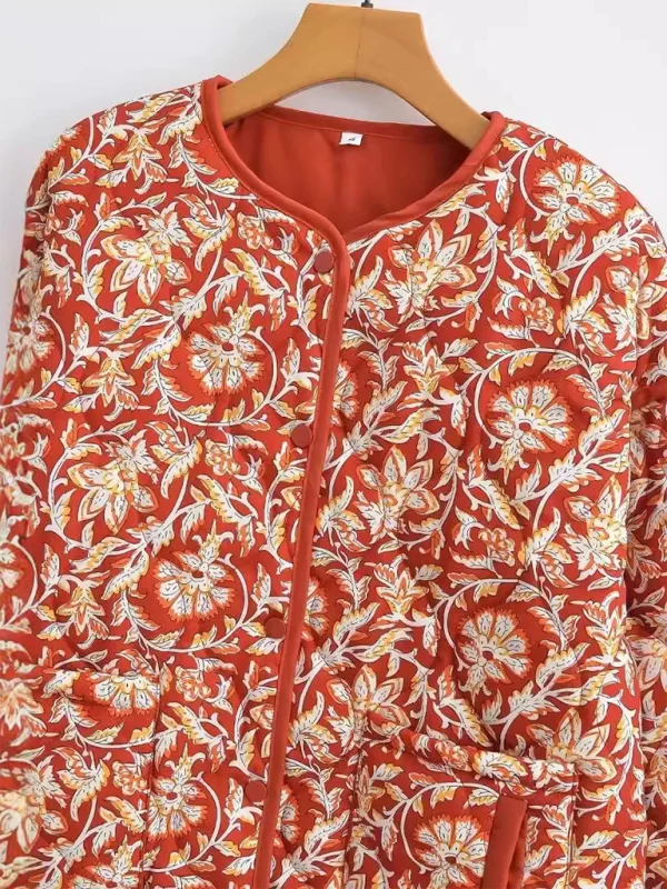 Calla Floral Quilted Zip-Front Jacket – V-Neck Long Sleeve Hip Length | Dorvelli