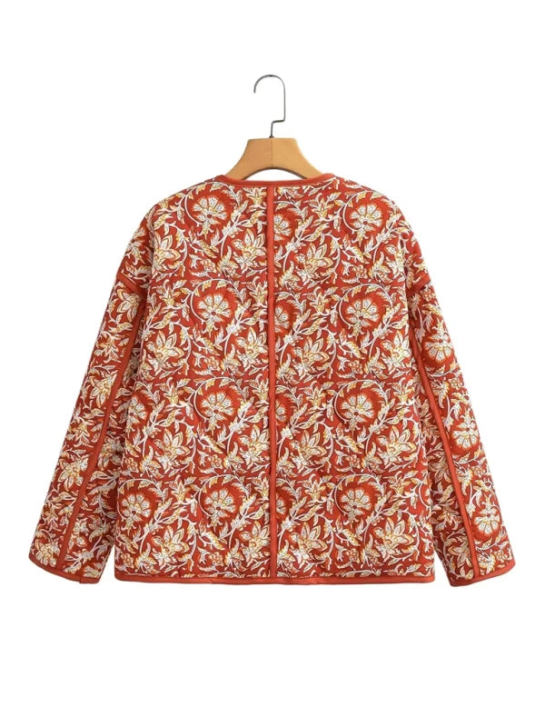 Calla Floral Quilted Zip-Front Jacket – V-Neck Long Sleeve Hip Length | Dorvelli
