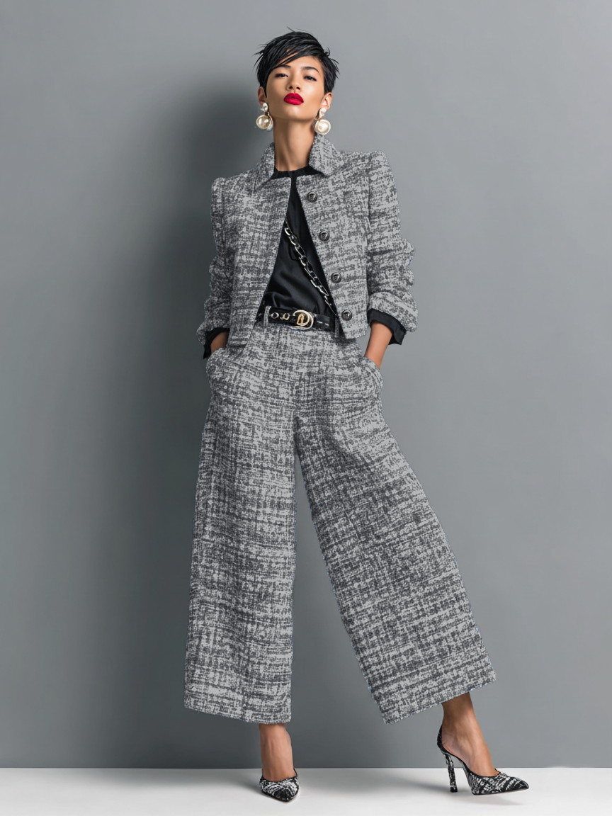 Camille Textured Blazer and Wide-Leg Trousers Set – Lapel Collar Long Sleeve Co-ord