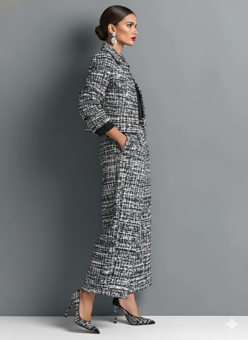 Camille Textured Blazer and Wide-Leg Trousers Set – Lapel Collar Long Sleeve Co-ord