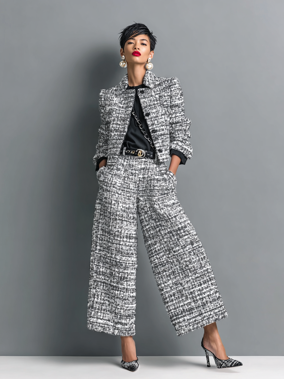 Camille Textured Blazer and Wide-Leg Trousers Set – Lapel Collar Long Sleeve Co-ord – Grey