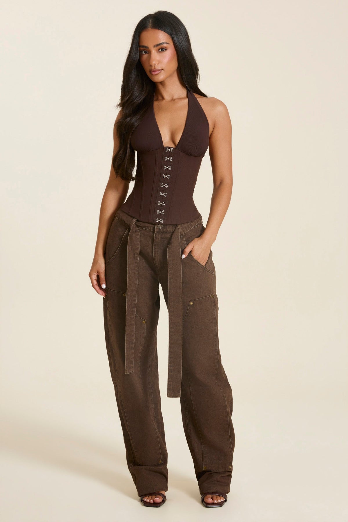 Carmela Halterneck Corset Top – Tie-Back Hook Front Boned Bodice - Brown
