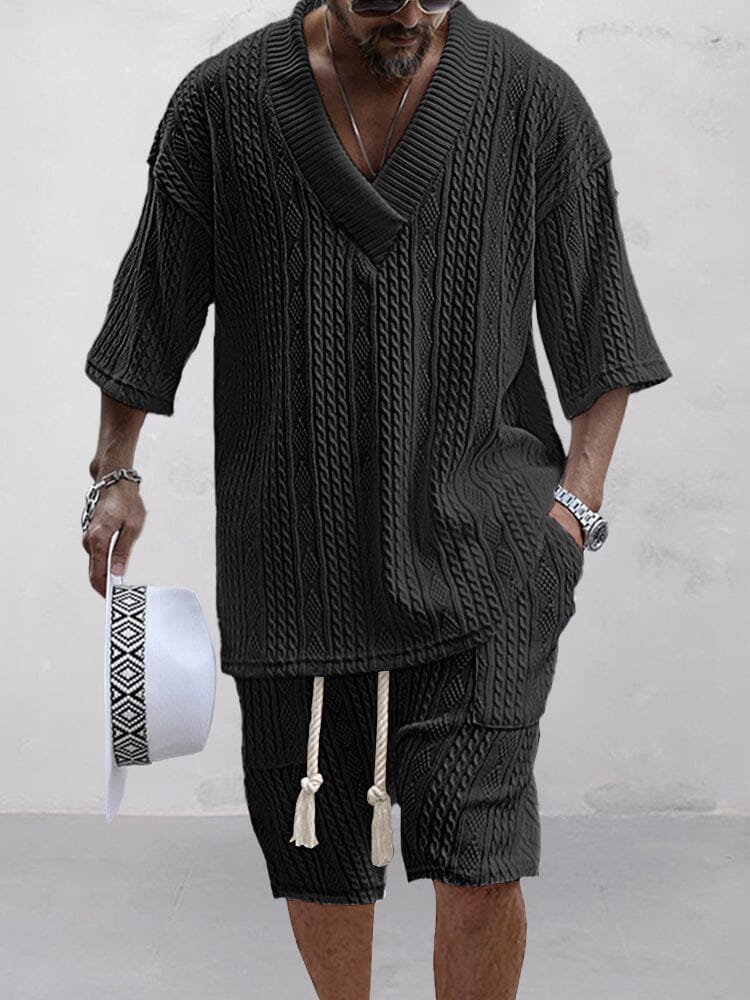 Cassian Cable Knit Shirt and Shorts Set Black