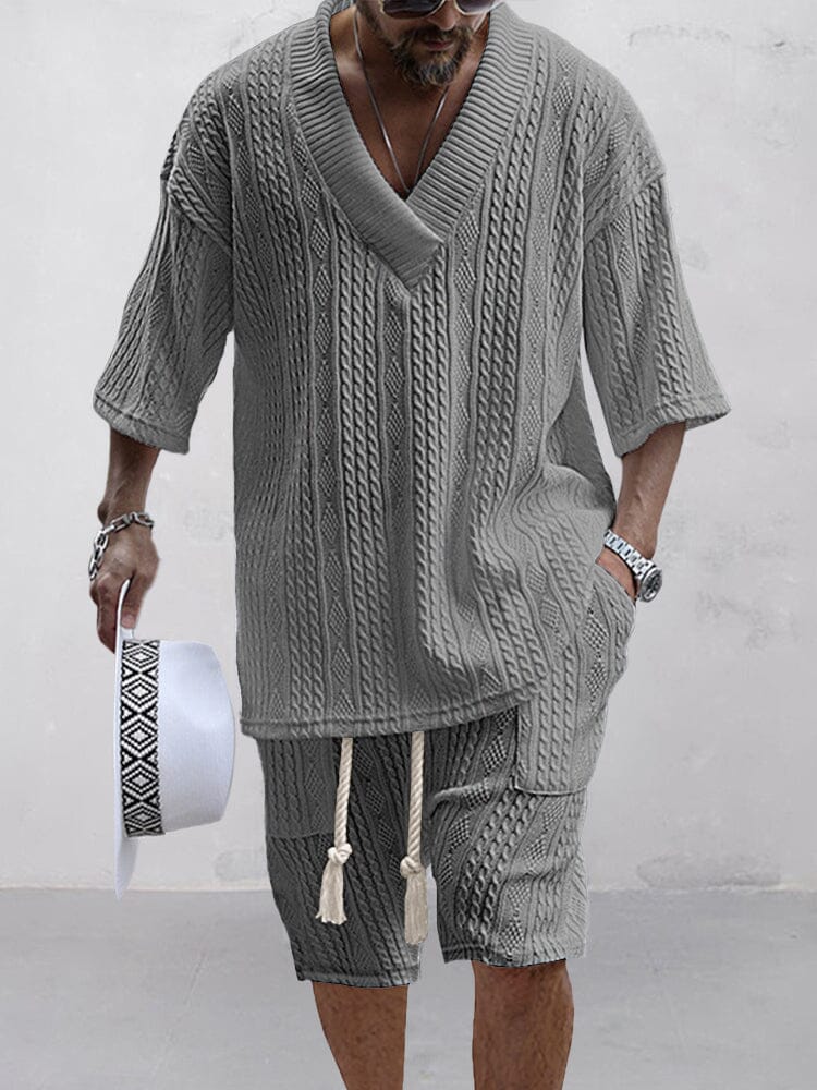 Cassian Cable Knit Shirt and Shorts Set Grey