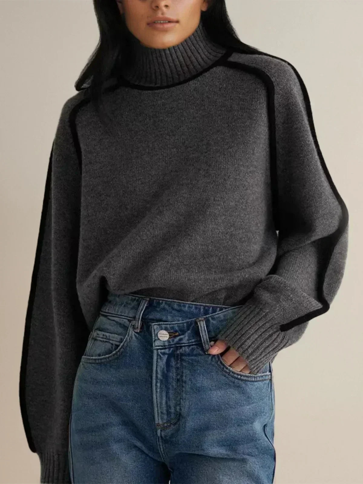 Clemency Contrast Piped Turtleneck Sweater – Women's Raglan Sleeve Knit Jumper