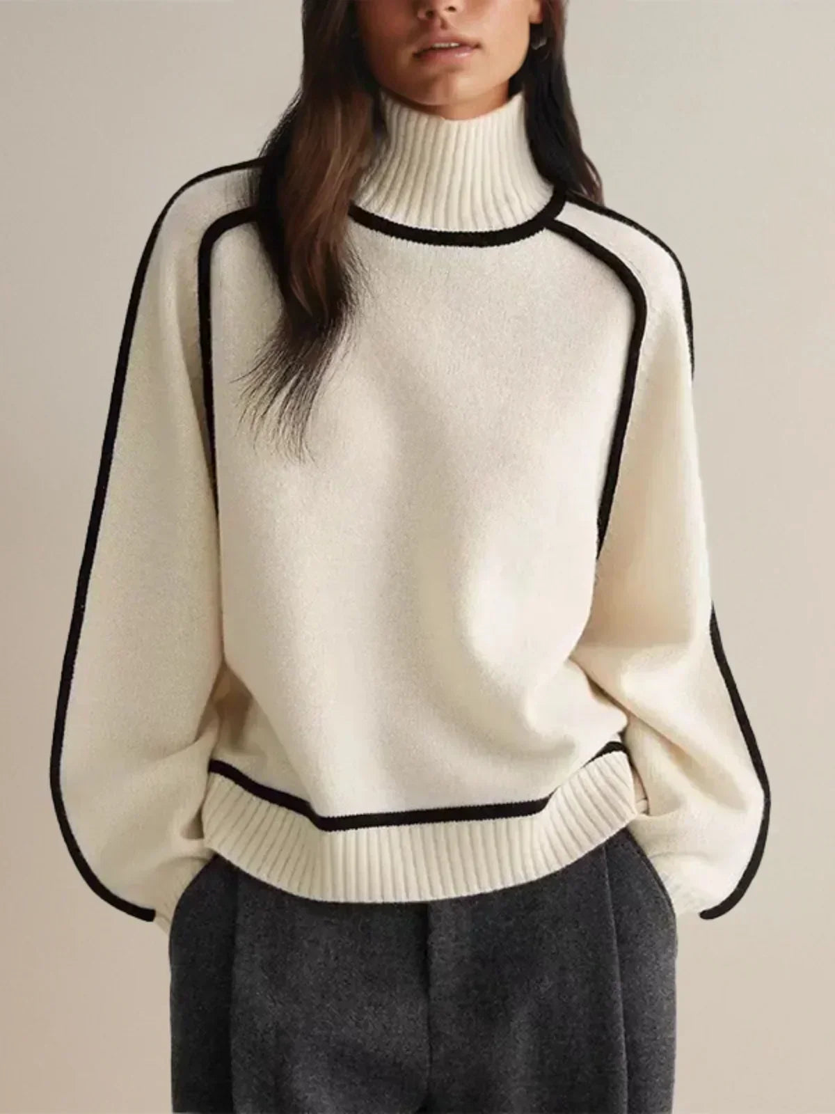 Clemency Contrast Piped Turtleneck Sweater – Women's Raglan Sleeve Knit Jumper