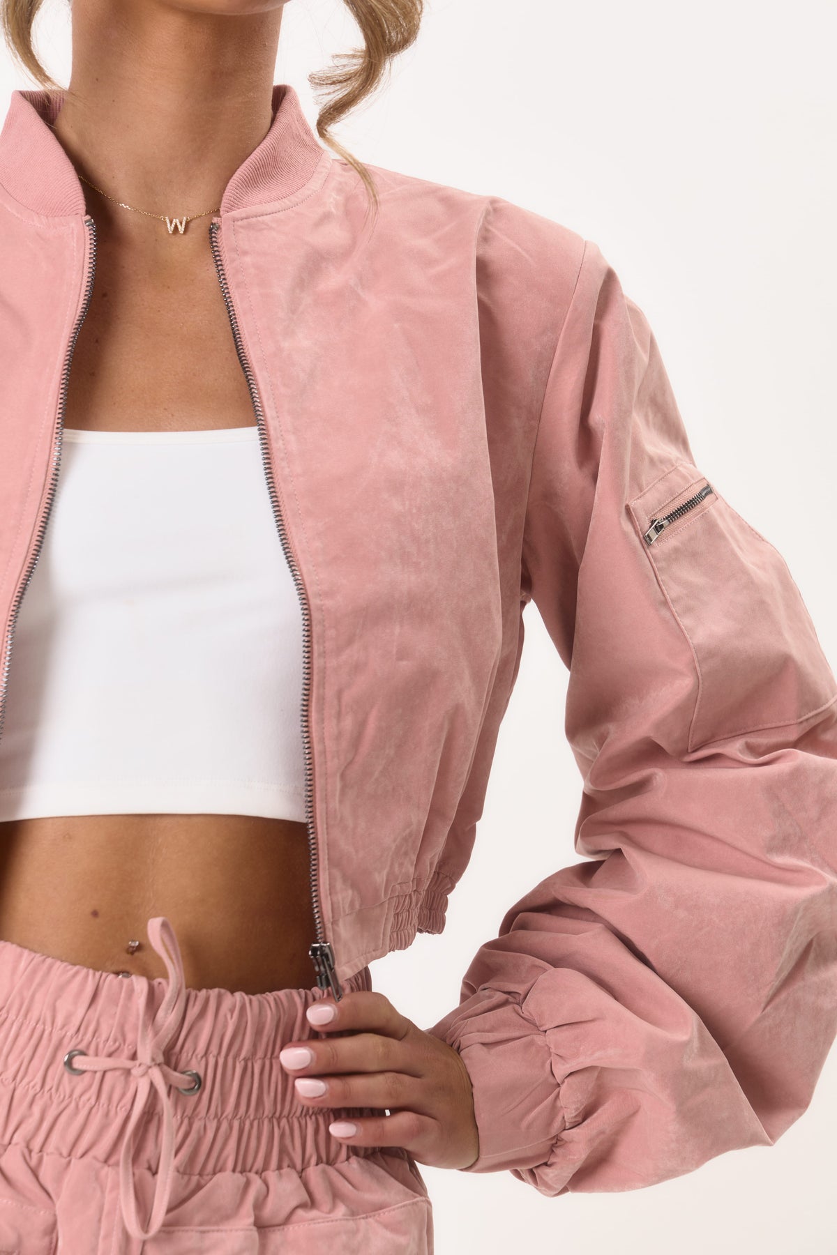 Coralie Cropped Bomber Jacket – Dusty Pink