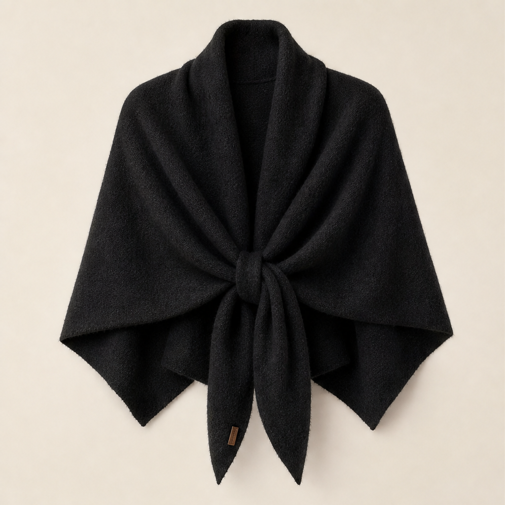 Cordelia Triangle Wrap Shawl – Tie-Front Knitted Scarf – Black