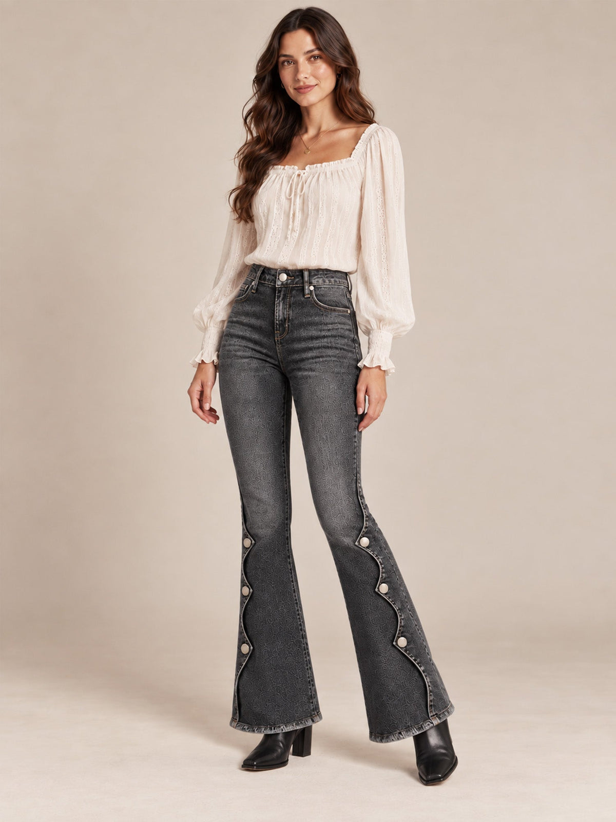Cosima High Waist Flare Jeans – Scalloped Button Side Raw Hem - Black