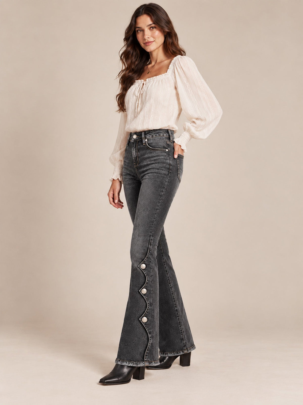 Cosima High Waist Flare Jeans – Scalloped Button Side Raw Hem - Black