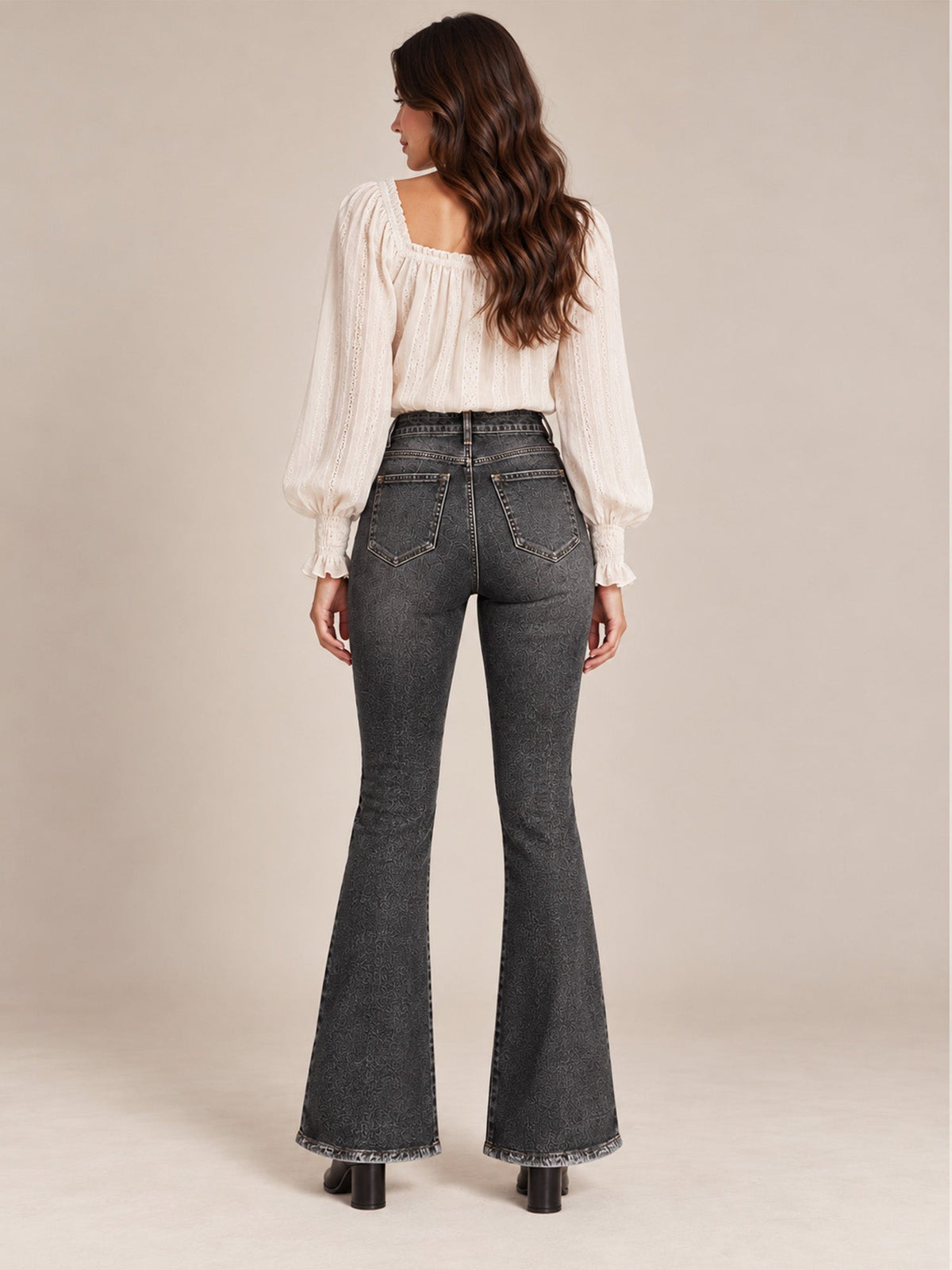 Cosima High Waist Flare Jeans – Scalloped Button Side Raw Hem - Black