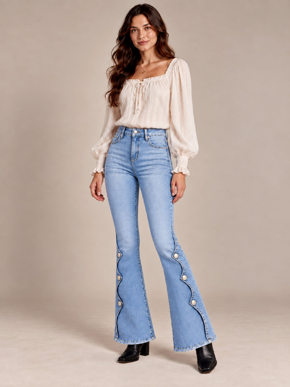 Cosima High Waist Flare Jeans – Scalloped Button Side Raw Hem - Light Blue