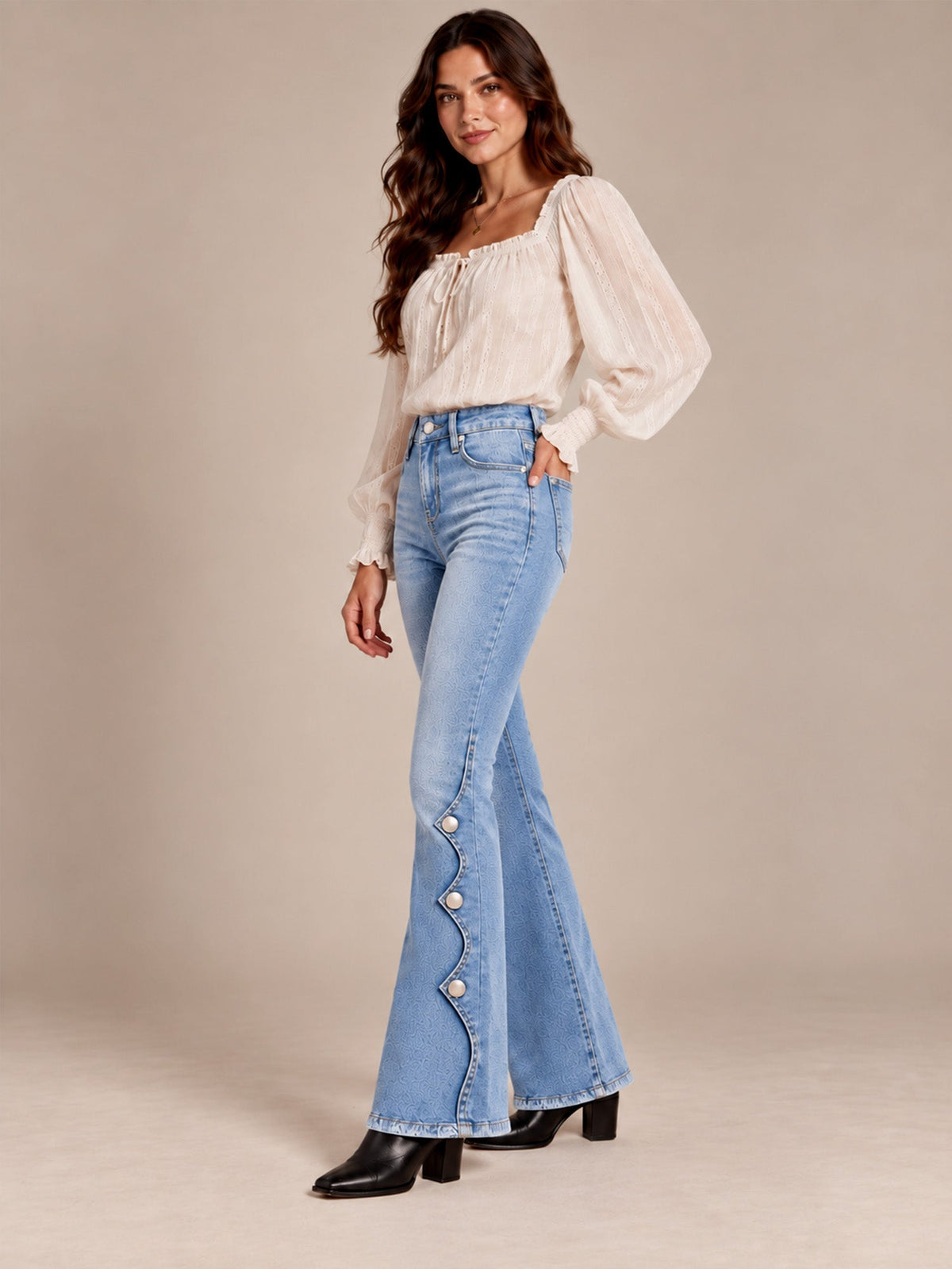 Cosima High Waist Flare Jeans – Scalloped Button Side Raw Hem - Light Blue