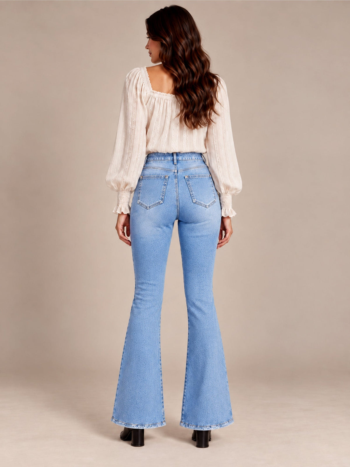 Cosima High Waist Flare Jeans – Scalloped Button Side Raw Hem - Light Blue