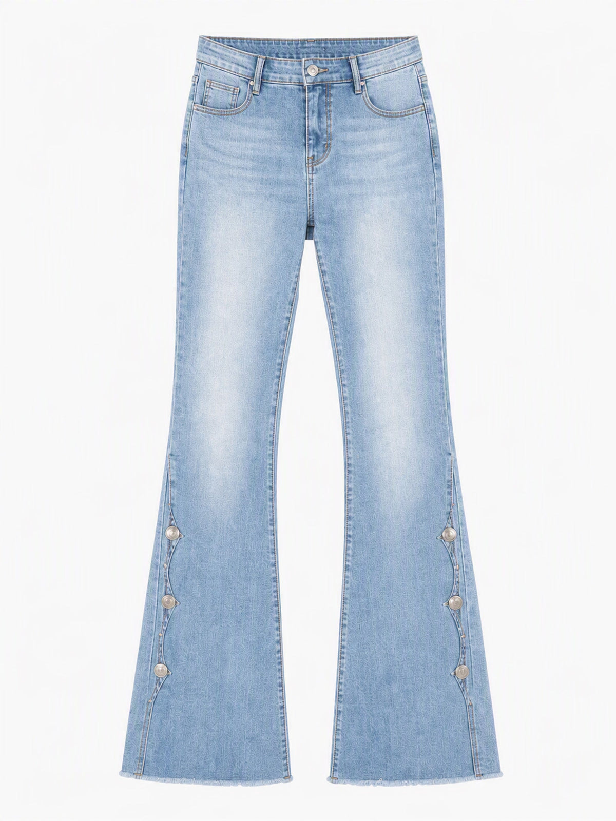 Cosima High Waist Flare Jeans – Scalloped Button Side Raw Hem - Light Blue