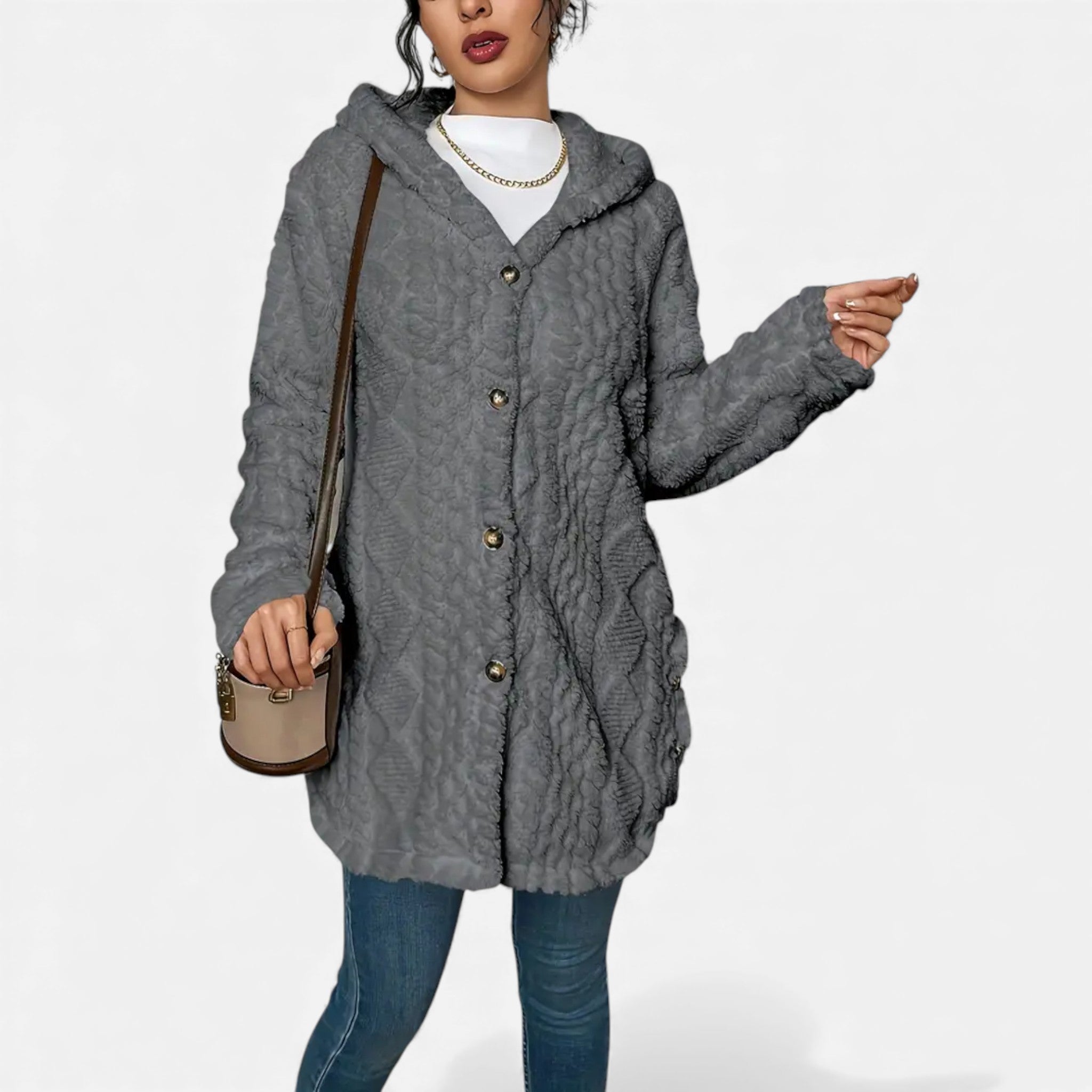 Dorvelli | Women’s Jacquard Plush Hooded Cardigan – Winter Warm Elegance