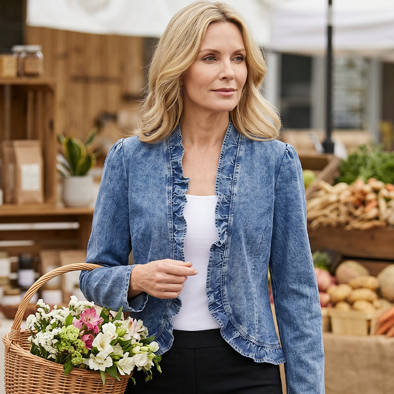 Delphine Ruffle Trim Open-Front Jacket Blue