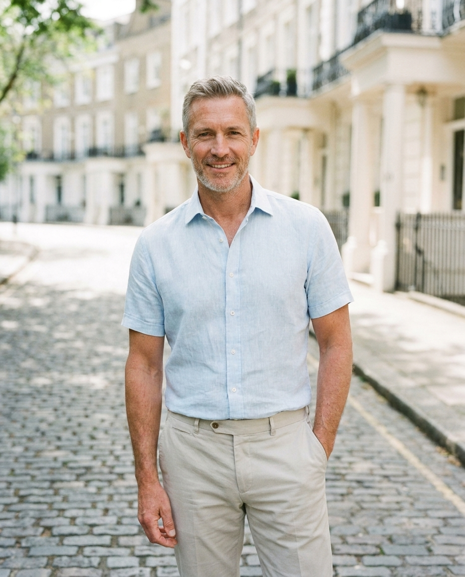 Man in a pale blue linen summer shirt on a London mews