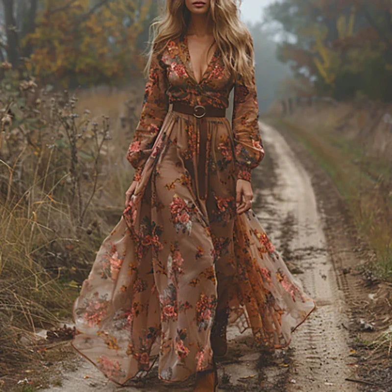 Dorvelli | Women's Bohemian Summer Maxi Dress – Embroidered V-Neck