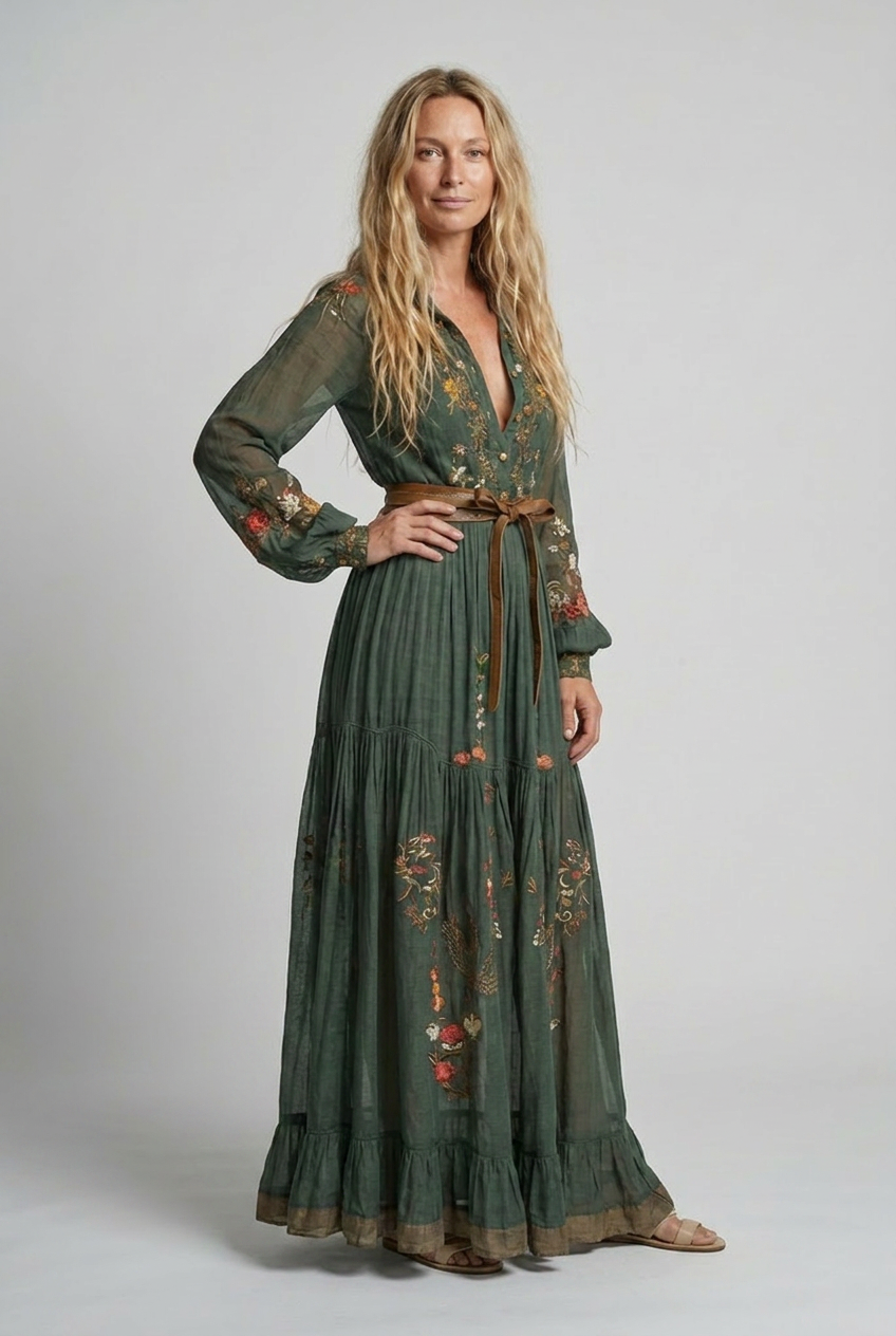 Dorvelli | Women's Bohemian Summer Maxi Dress – Embroidered V-Neck