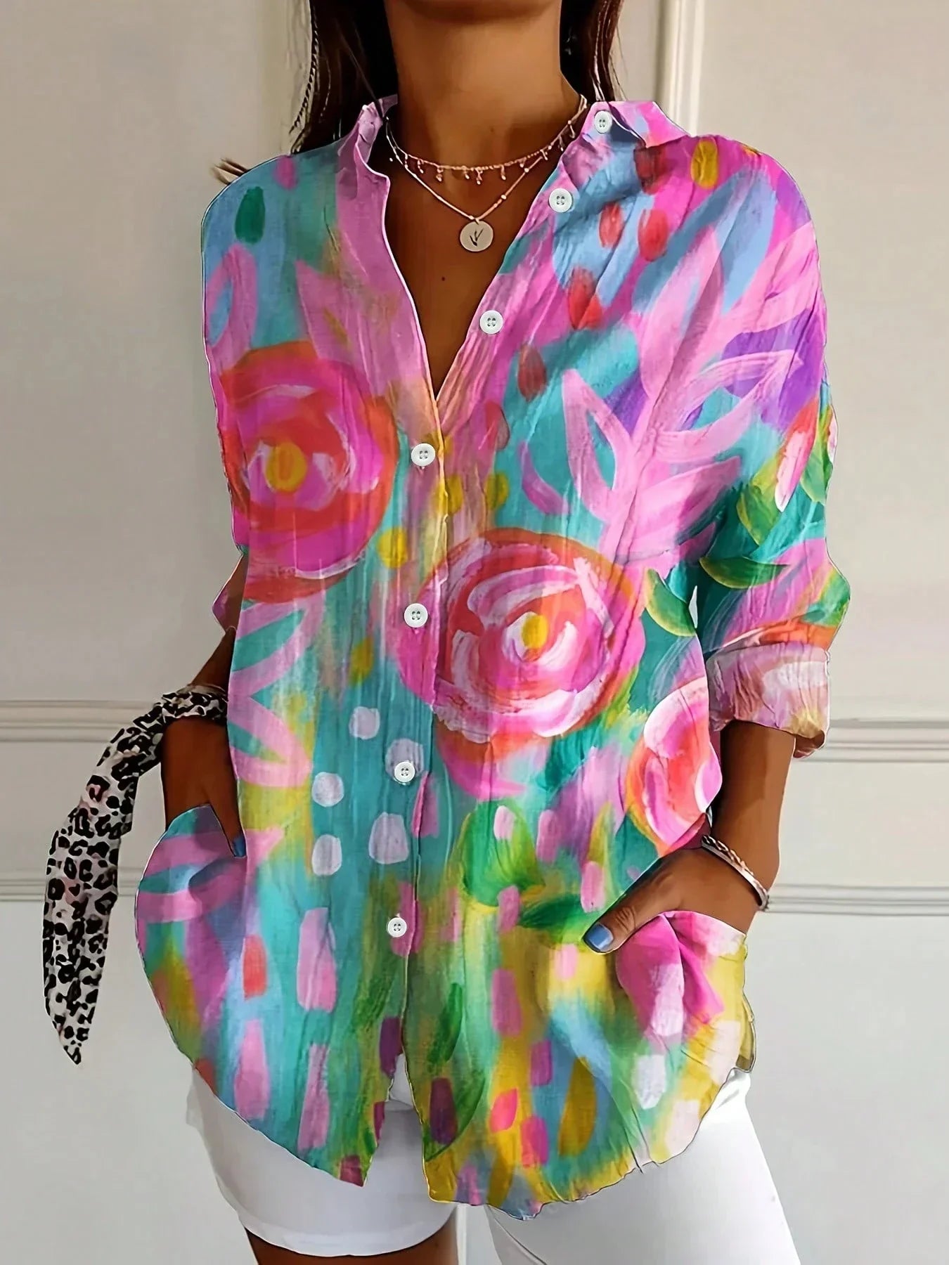 Dorvelli | Women's Long-Sleeve Blouse – Abstract Print Button-Front