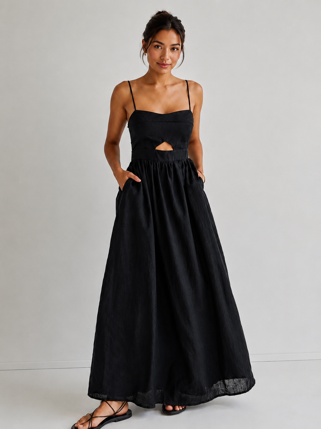 Dorvelli | Women's Midi Dress – Sleeveless Pockets Cutout