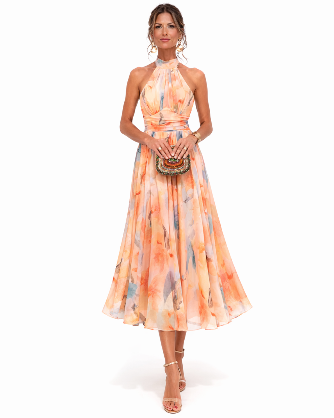 Dorvelli | Women's Midi Dress – Watercolour Print Halter