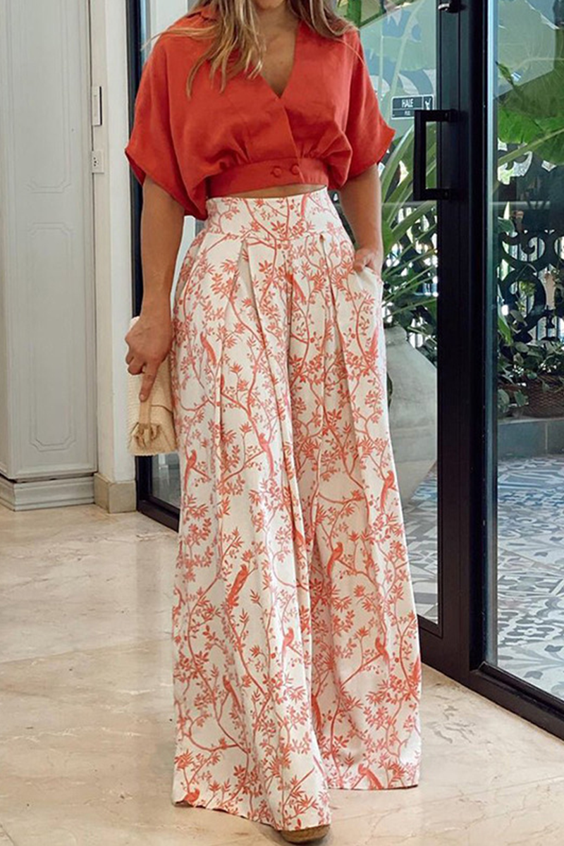 Dorvelli | Women’s Two-Piece Set – Crop Top & Floral Wide-Leg Trousers
